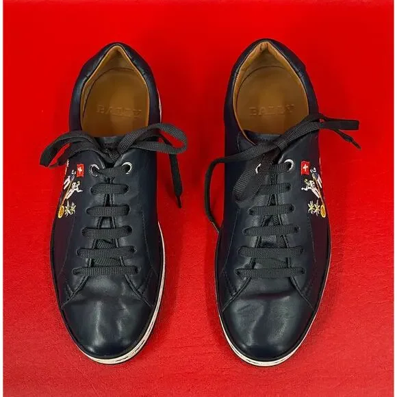 Bally Animal Anistern Navy Blue Leather Low Top Embroidered Sneakers Sz 6 1/2 D